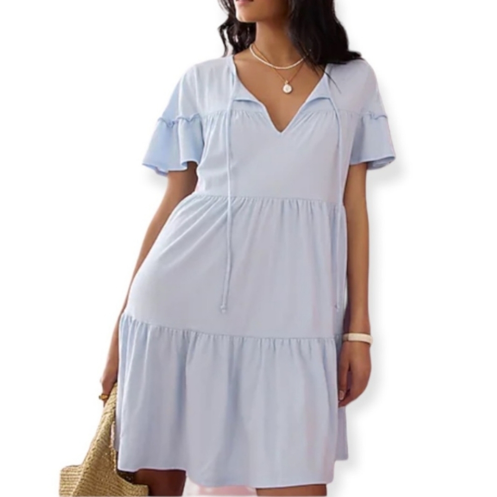NWT J.Crew Broken-in Jersey Tiered Cotton Summer Mini Dress Green Color Size S - Picture 3 of 14